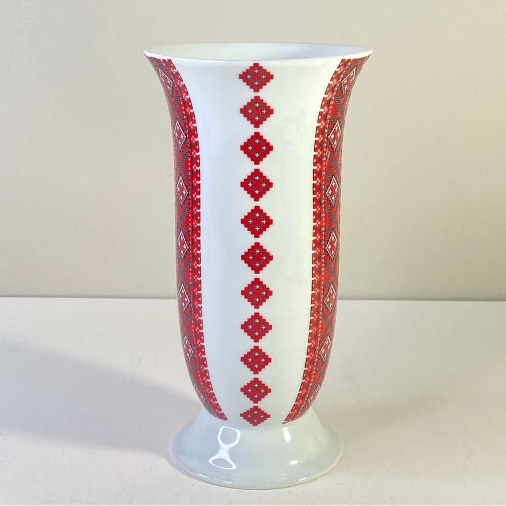 Vintage German Porcelain Vase With Red Folk Cross-Stitch Pattern